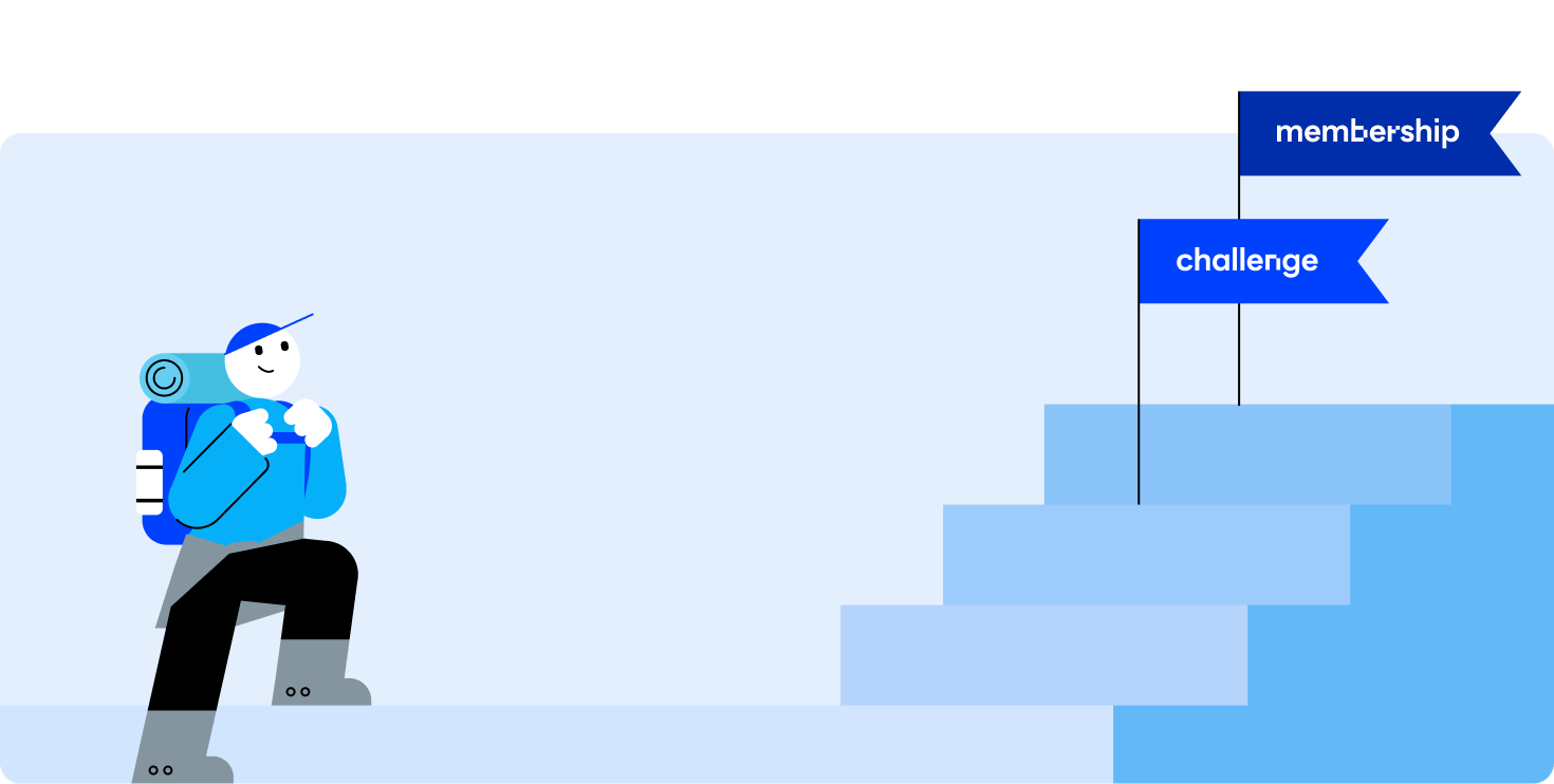 배낭을 멘 학습자가 계단을 오르며 'challenge'와 'membership'이라는 깃발이 세워진 목표 지점을 향해 나아가는 모습을 그린 교육 프로세스 일러스트입니다.