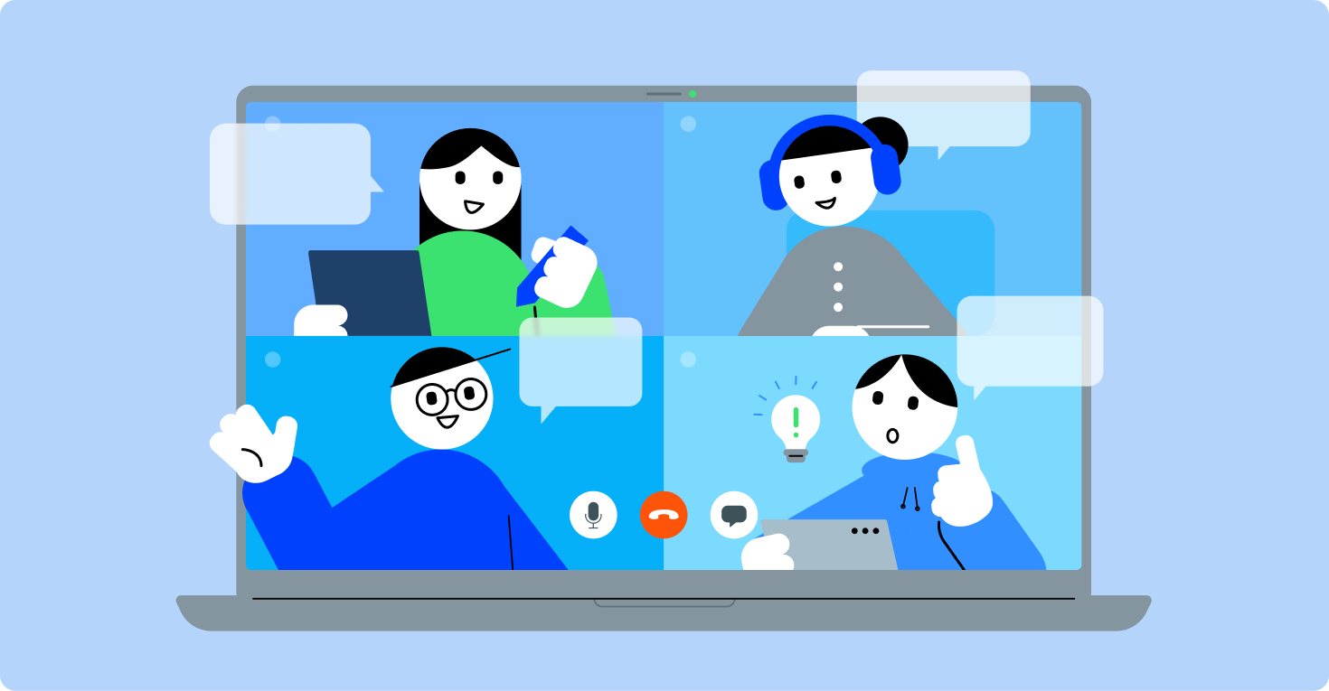 노트북 화면 속 4분할된 화상 채팅창에서 교육생들이 각자 필기를 하거나 엄지를 치켜세우며 활발하게 소통하는 모습의 일러스트입니다.