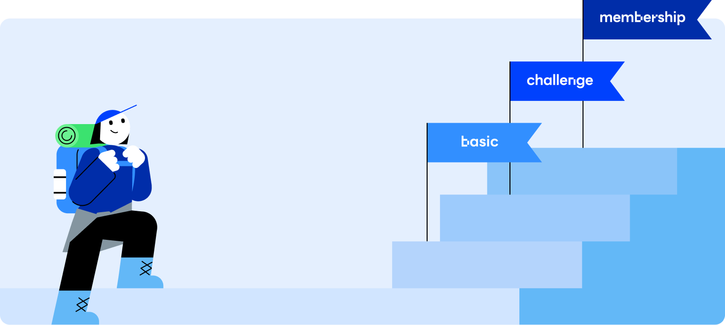 배낭을 멘 학습자가 계단을 오르며 'basic', 'challenge', 'membership'이라는 단계별 깃발이 세워진 목표 지점을 향해 나아가는 교육 프로세스 일러스트입니다.