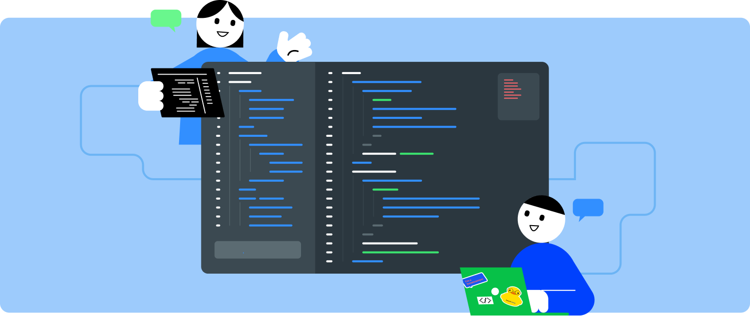 커다란 코드 편집기 화면을 사이에 두고 두 명의 개발자가 각자 노트북과 태블릿을 활용해 코드를 검토하며 즐겁게 소통하는 일러스트입니다.