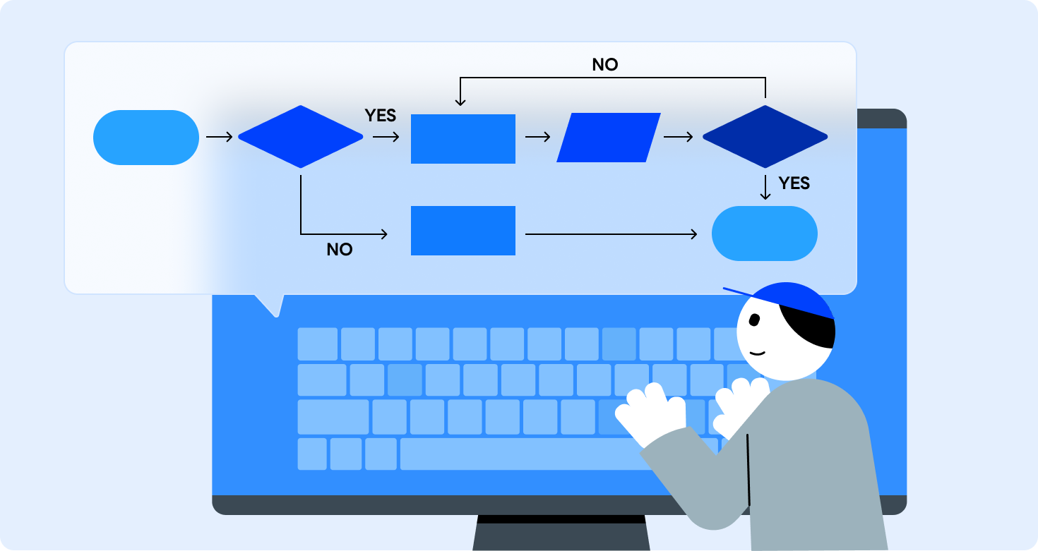 한 인물이 화면 위에 떠 있는 복잡한 로직의 순서도(Flowchart)를 바라보고 있는 일러스트입니다.