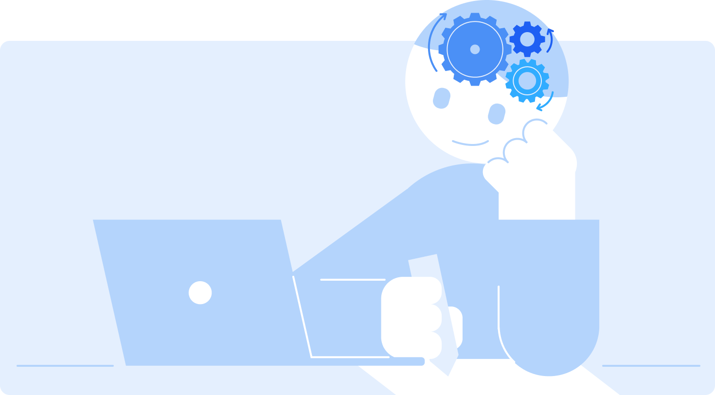 노트북 앞에 앉아 펜을 든 학습자가 턱을 괴고 고민에 빠진 모습이며, 머릿속에서 여러 개의 톱니바퀴가 맞물려 돌아가는 연출을 통해 깊은 사고와 성찰 과정을 시각화한 일러스트입니다.