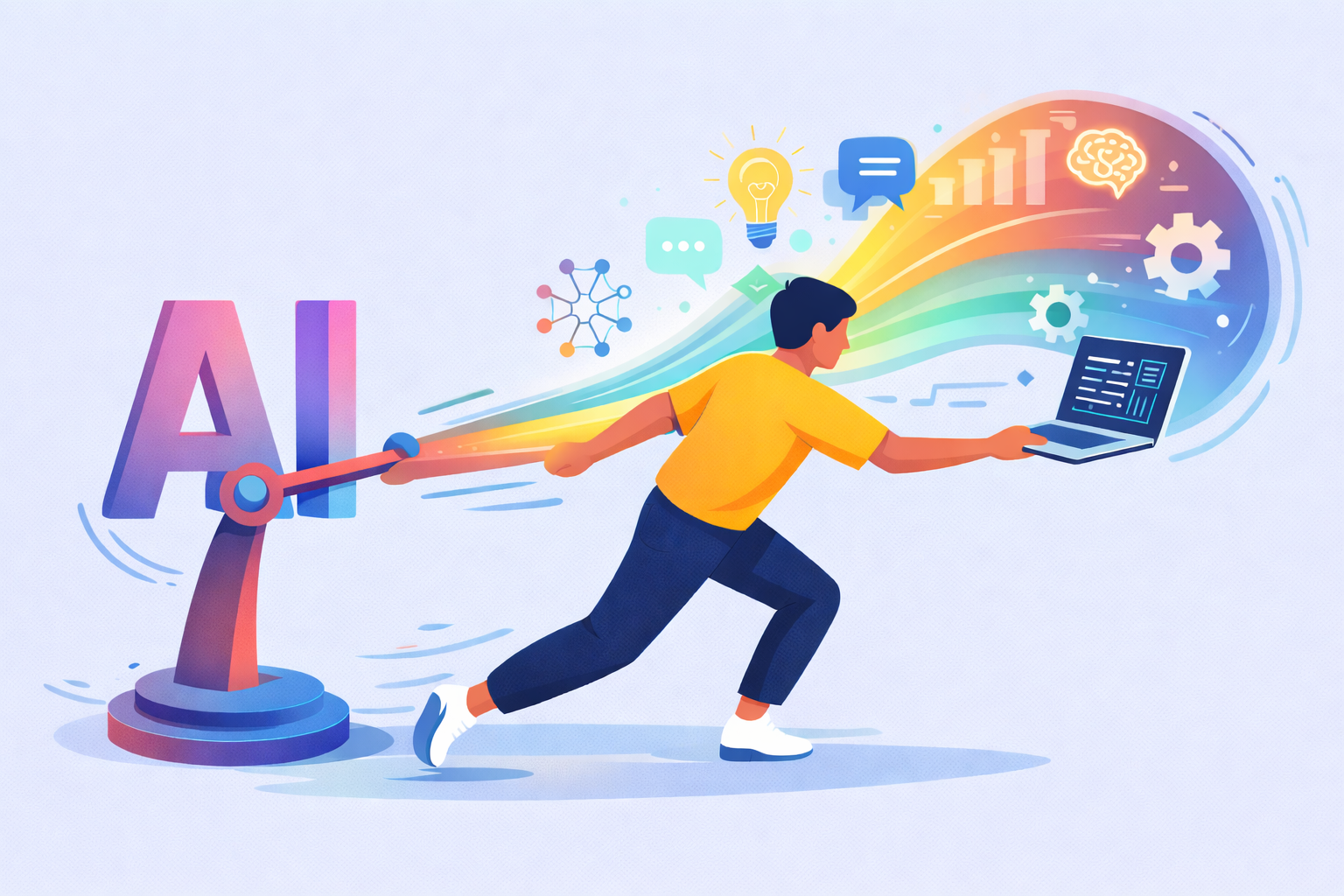 한 인물이 AI를 발판삼아, 머릿속에서 전구, 그래프, 톱니바퀴 등 다양한 아이디어가 무지개 빛으로 뿜어져 나오는 일러스트입니다.