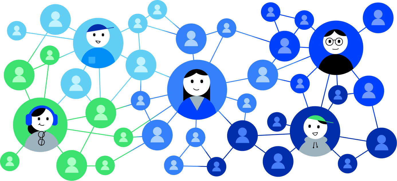 중심에 있는 인물인 나를 포함하여 여러 사용자가 선으로 연결되어 거대한 네트워크를 형성하고 있는 모습의 일러스트입니다.